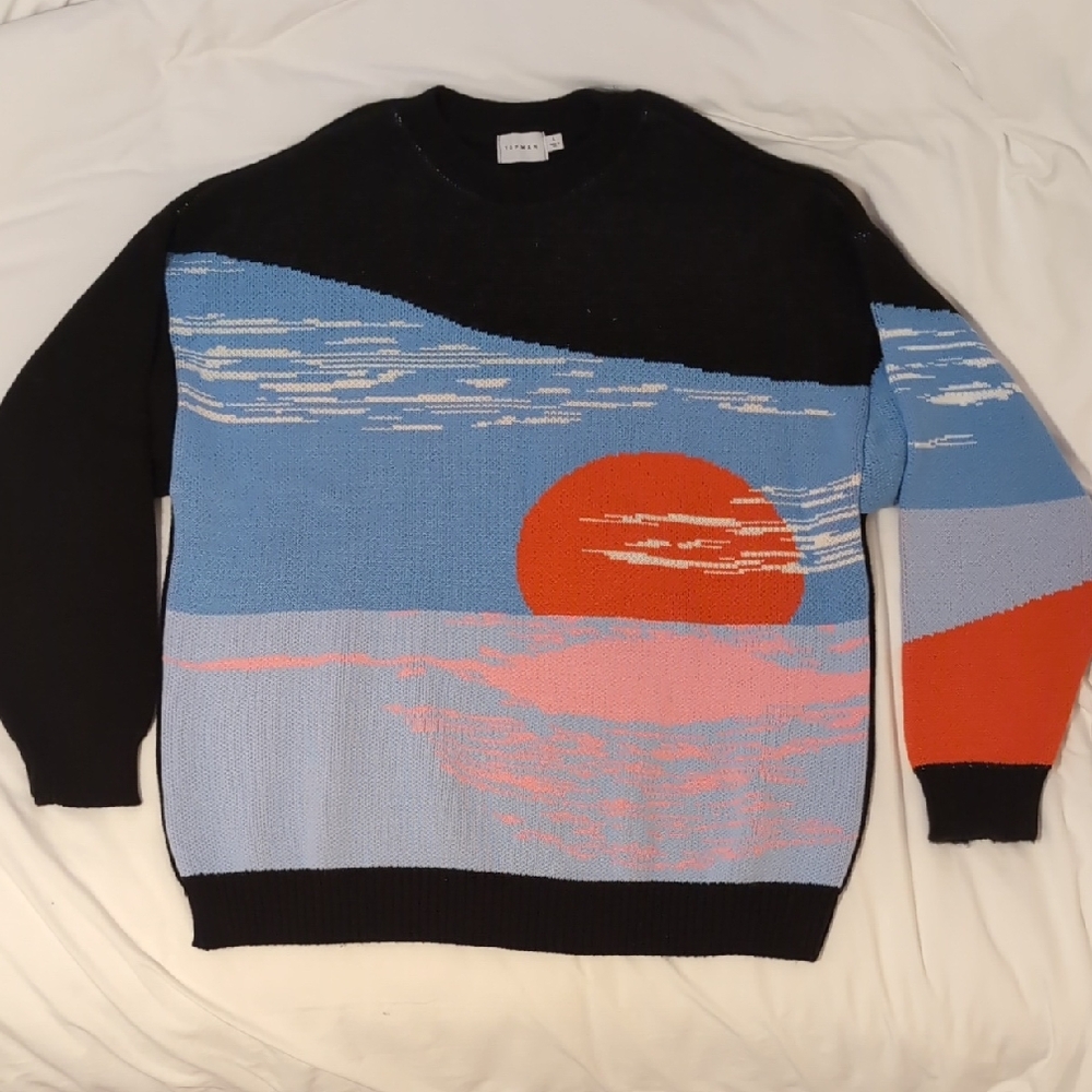 Topman Scenic Crewneck Sweater - Black, Blue, and Orange